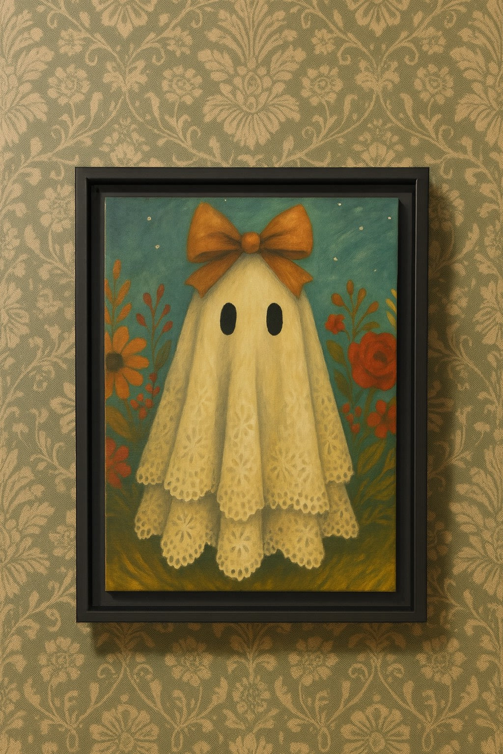 Whimsical Fall Ghost Canvas Art Print, Framed, Home Decor, Halloween Wall Art, Ghost Decor, Unique Gift for Fall, Spooky Fun