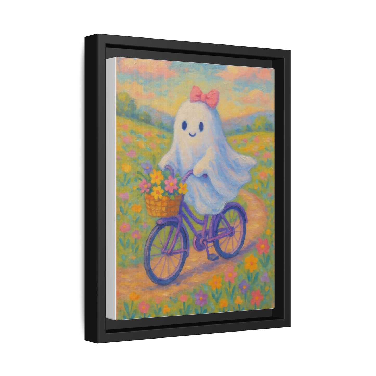 Cute Bicycle Ghost Canvas Art, Whimsical Home Decor, Framed Wall Art for Kids Room, Gift for Halloween, Nursery, Birthday