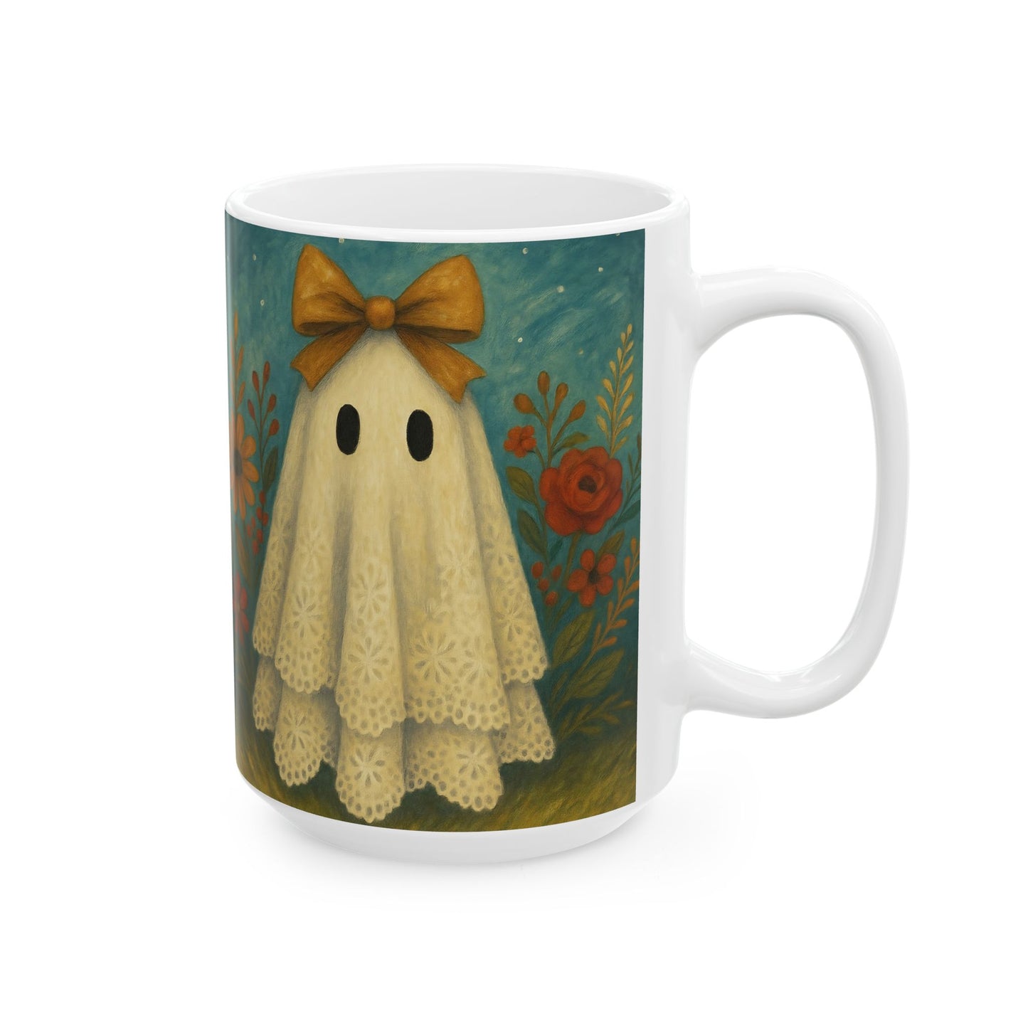 Whimsical Fall Ghosts Ceramic Coffee Mug, Cozy Fall Decor, Halloween Gift, Floral Ghost Design, 15oz