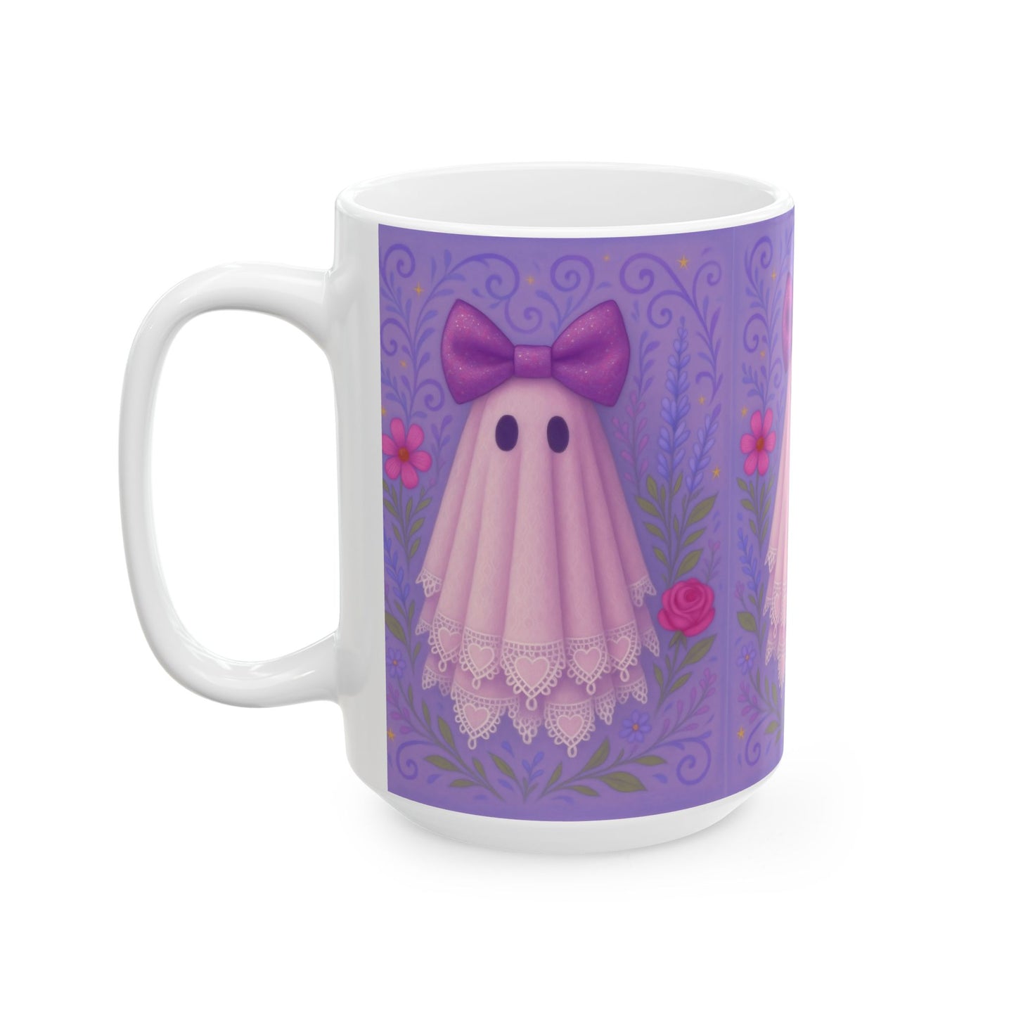 Cute Ghost Mug with Floral Bow || Cute Halloween Drinkware, Ghost Lover Gift, Ceramic Coffee Cup, Fun Kitchen Decor