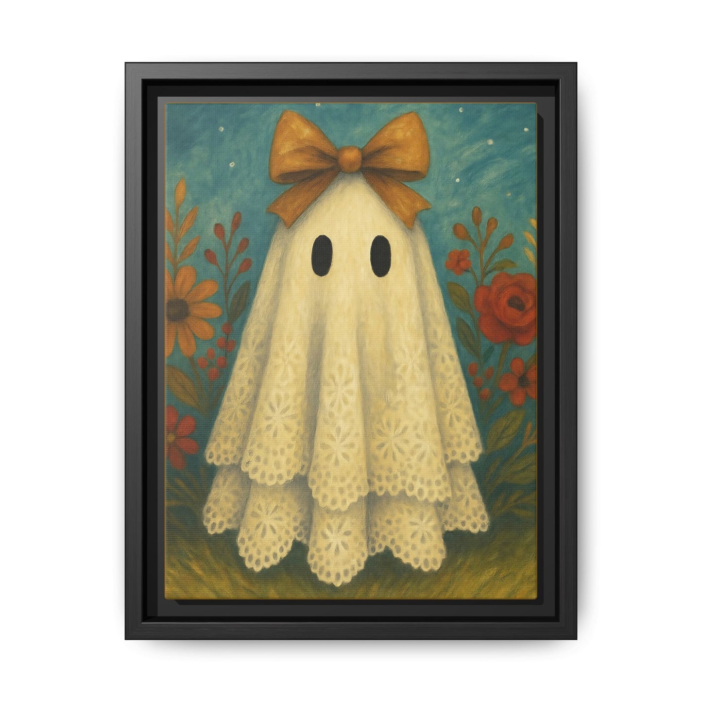 Whimsical Fall Ghost Canvas Art Print, Framed, Home Decor, Halloween Wall Art, Ghost Decor, Unique Gift for Fall, Spooky Fun