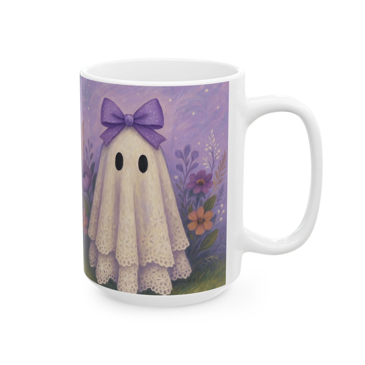 Whimsical Purple Ghost Ceramic Mug - Perfect for Halloween, Cozy Mornings, Gifts for Friends, Home Decor, Tea or Coffee Lovers