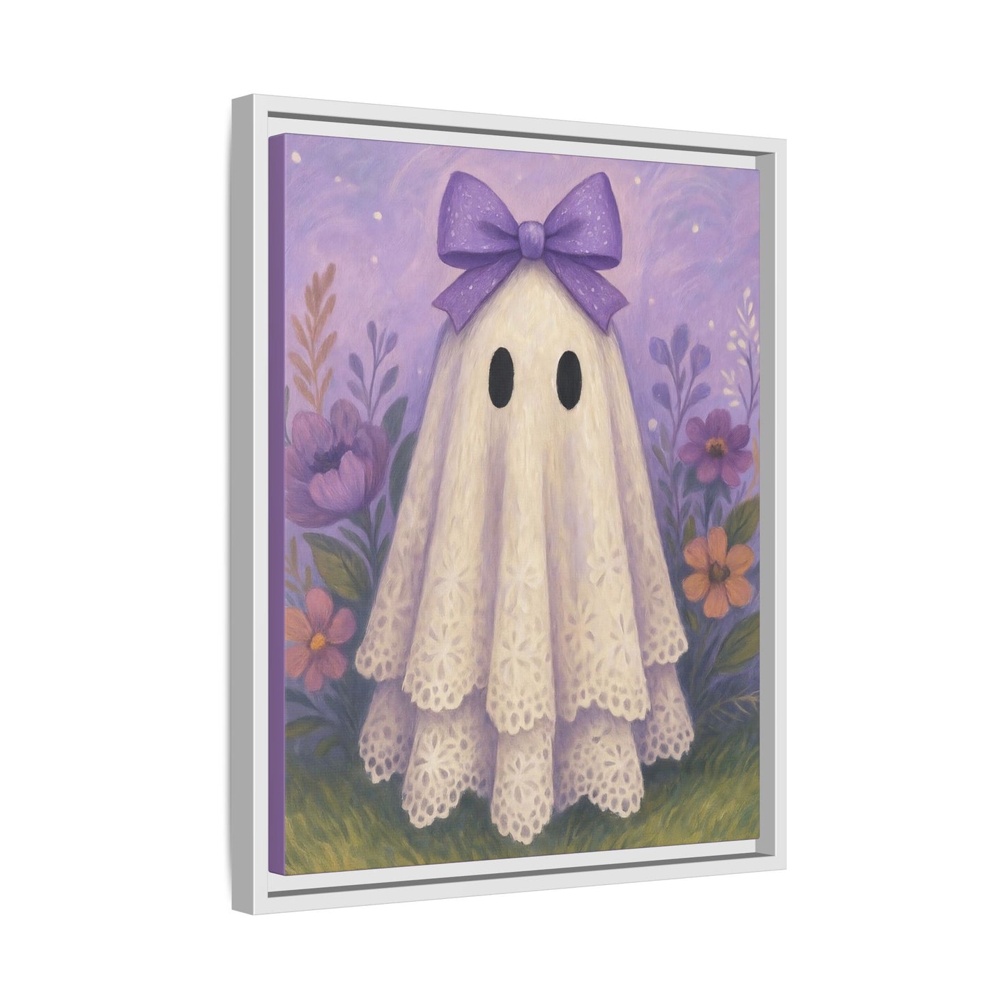 Whimsical Purple Ghost Canvas Art Print, Framed Wall Decor, Cute Halloween Decor, Playroom Art, Gift for Kids, Home Decoration