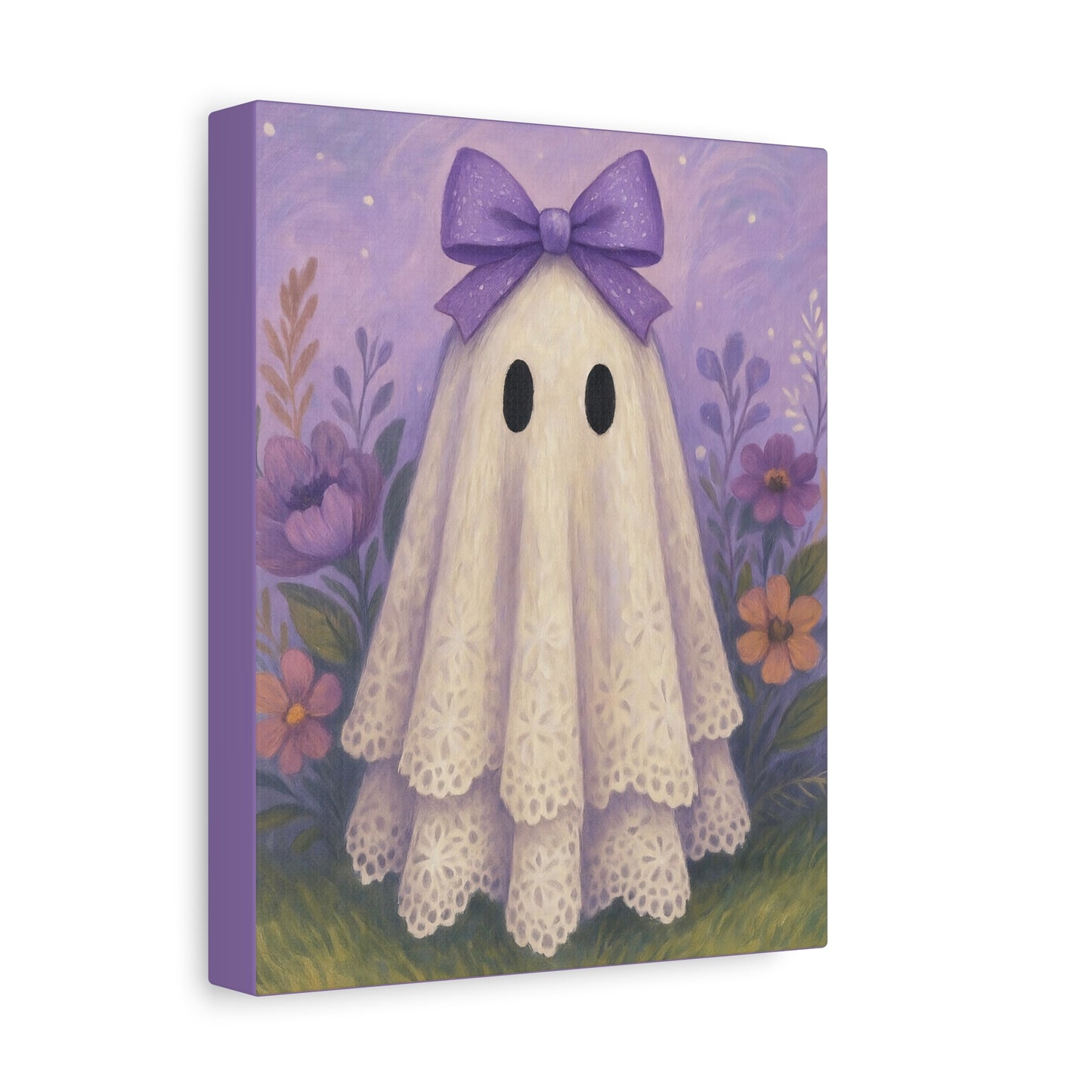 Whimsical Purple Ghost Canvas Art, Cute Ghost Decor for Halloween, Kids Room Wall Art, Purple Bow Wall Hanging, Spooky Home Decor