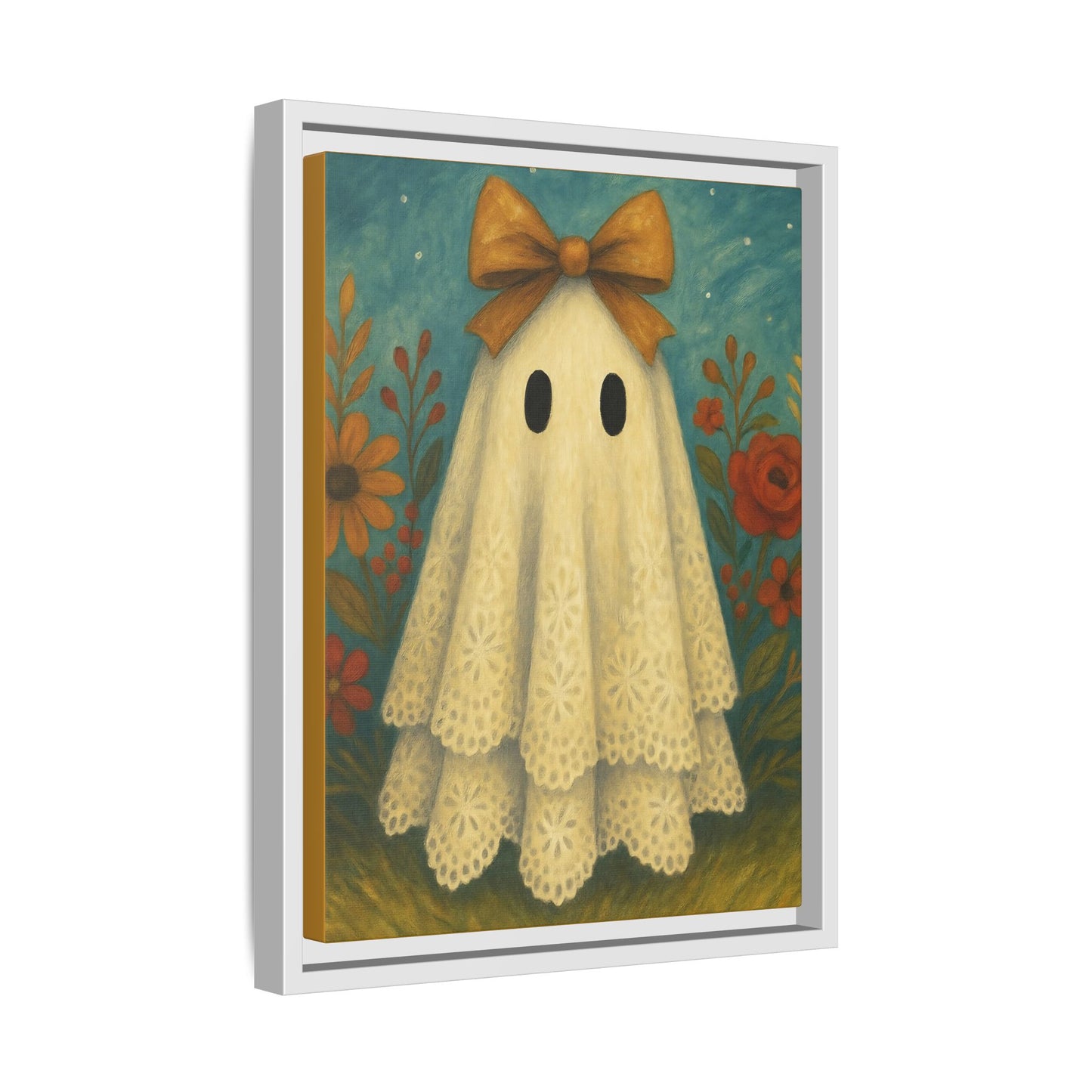 Whimsical Fall Ghost Canvas Art Print, Framed, Home Decor, Halloween Wall Art, Ghost Decor, Unique Gift for Fall, Spooky Fun