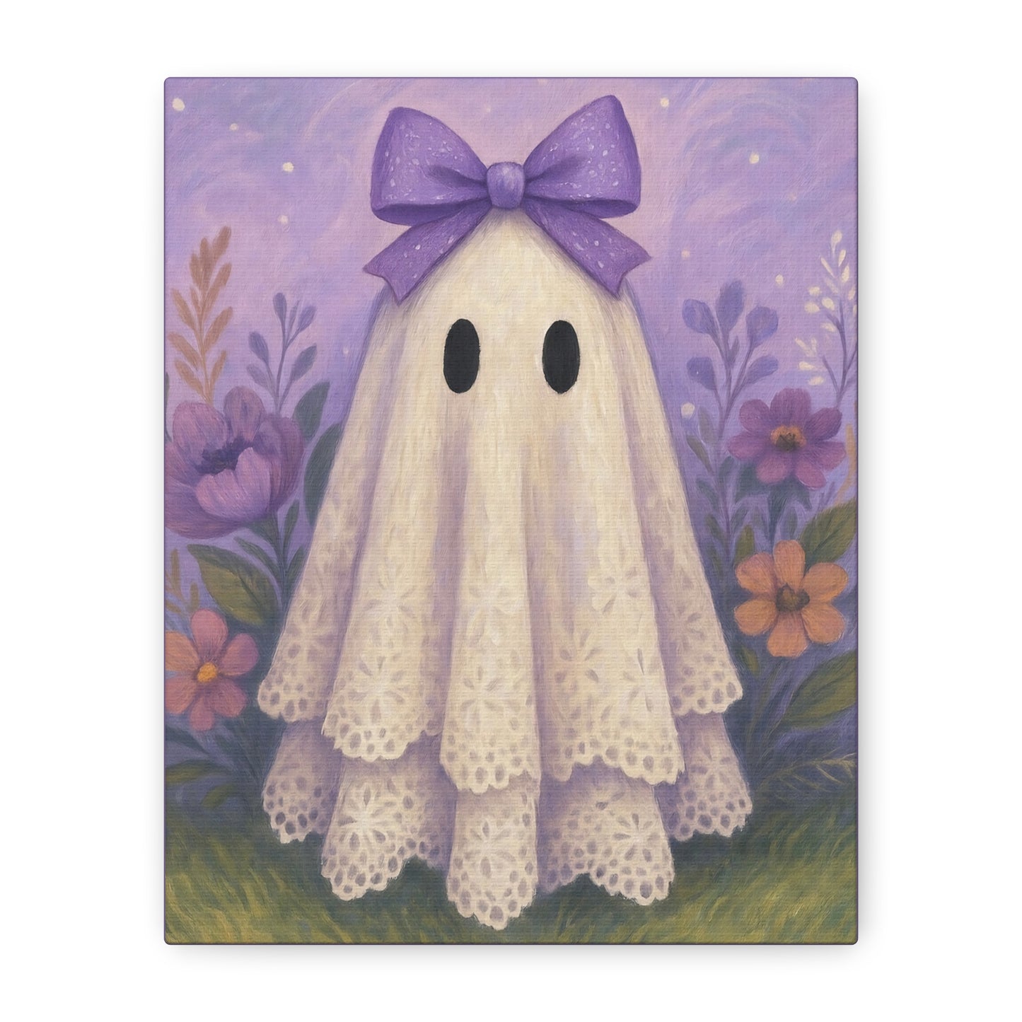 Whimsical Purple Ghost Canvas Art, Cute Ghost Decor for Halloween, Kids Room Wall Art, Purple Bow Wall Hanging, Spooky Home Decor
