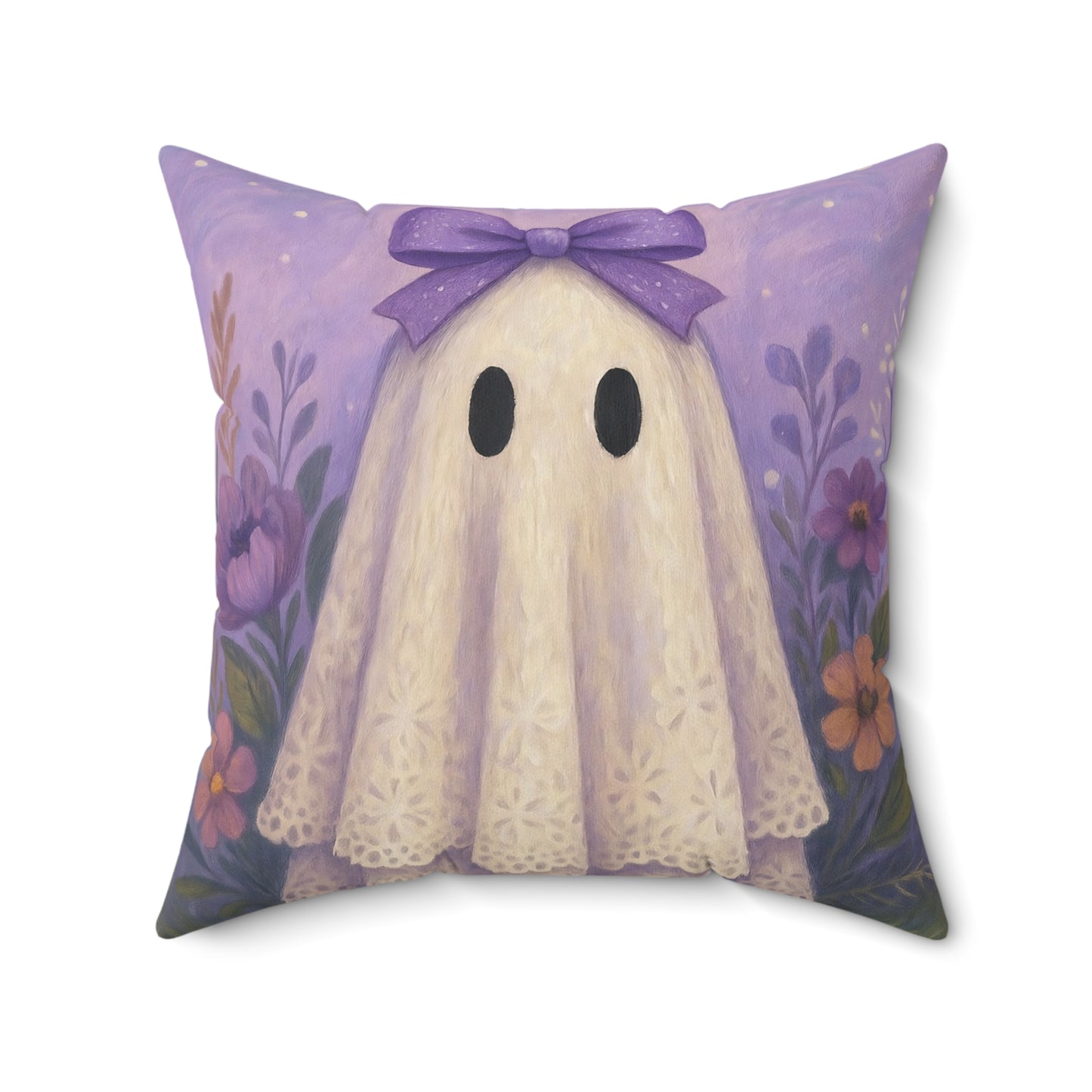 Whimsical Purple Ghost Pillow, Cozy Home Decor, Halloween Accent, Cute Gift for Kids, Soft Square Cushion, Fall Decoration