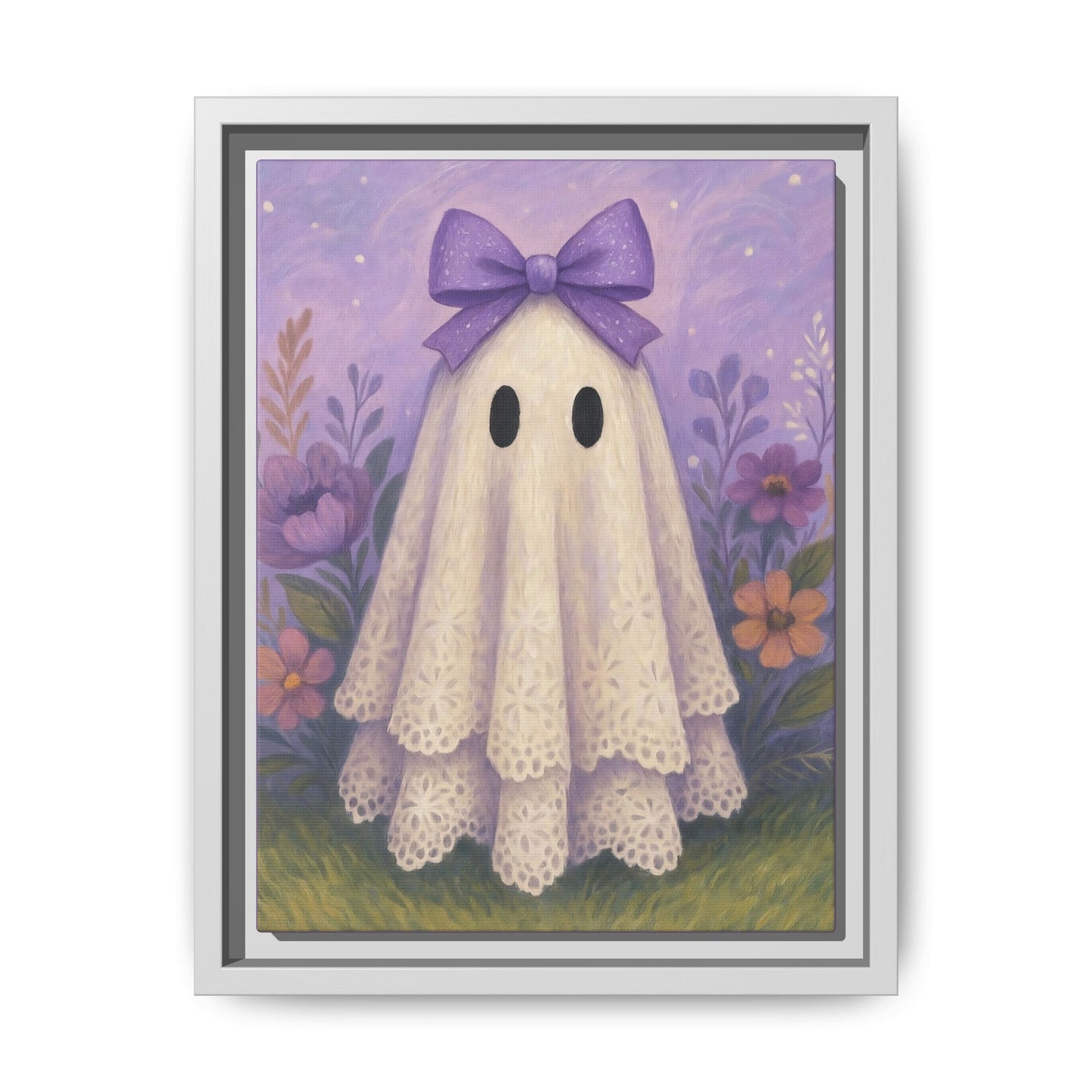 Whimsical Purple Ghost Canvas Art Print, Framed Wall Decor, Cute Halloween Decor, Playroom Art, Gift for Kids, Home Decoration