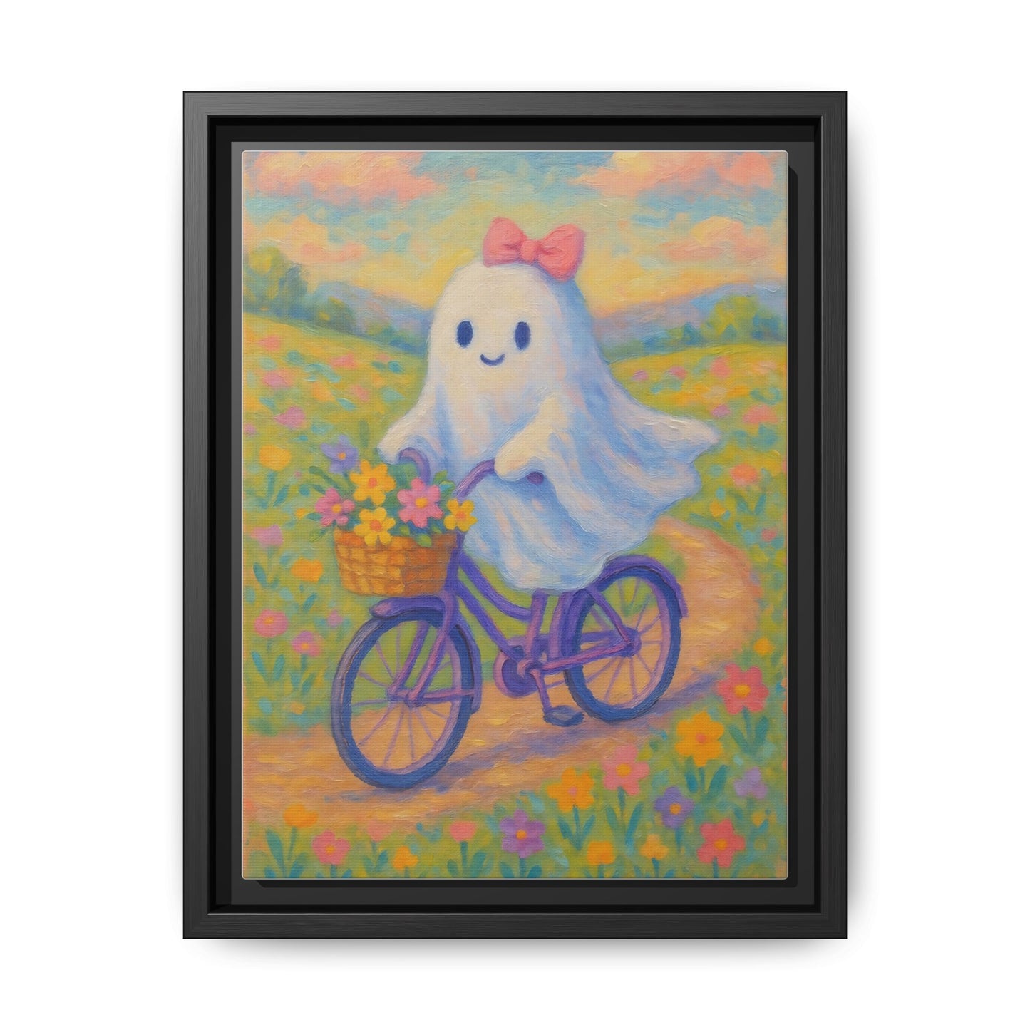 Cute Bicycle Ghost Canvas Art, Whimsical Home Decor, Framed Wall Art for Kids Room, Gift for Halloween, Nursery, Birthday