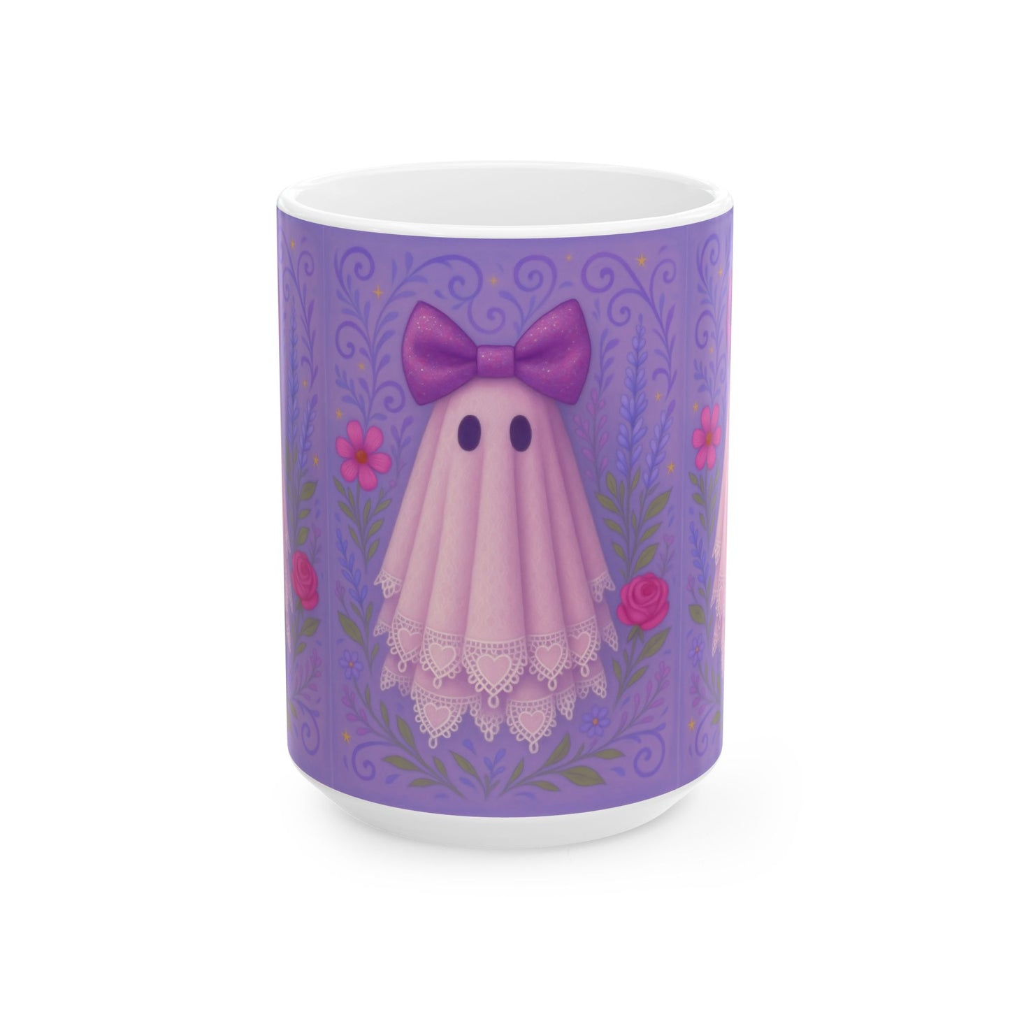 Cute Ghost Mug with Floral Bow || Cute Halloween Drinkware, Ghost Lover Gift, Ceramic Coffee Cup, Fun Kitchen Decor