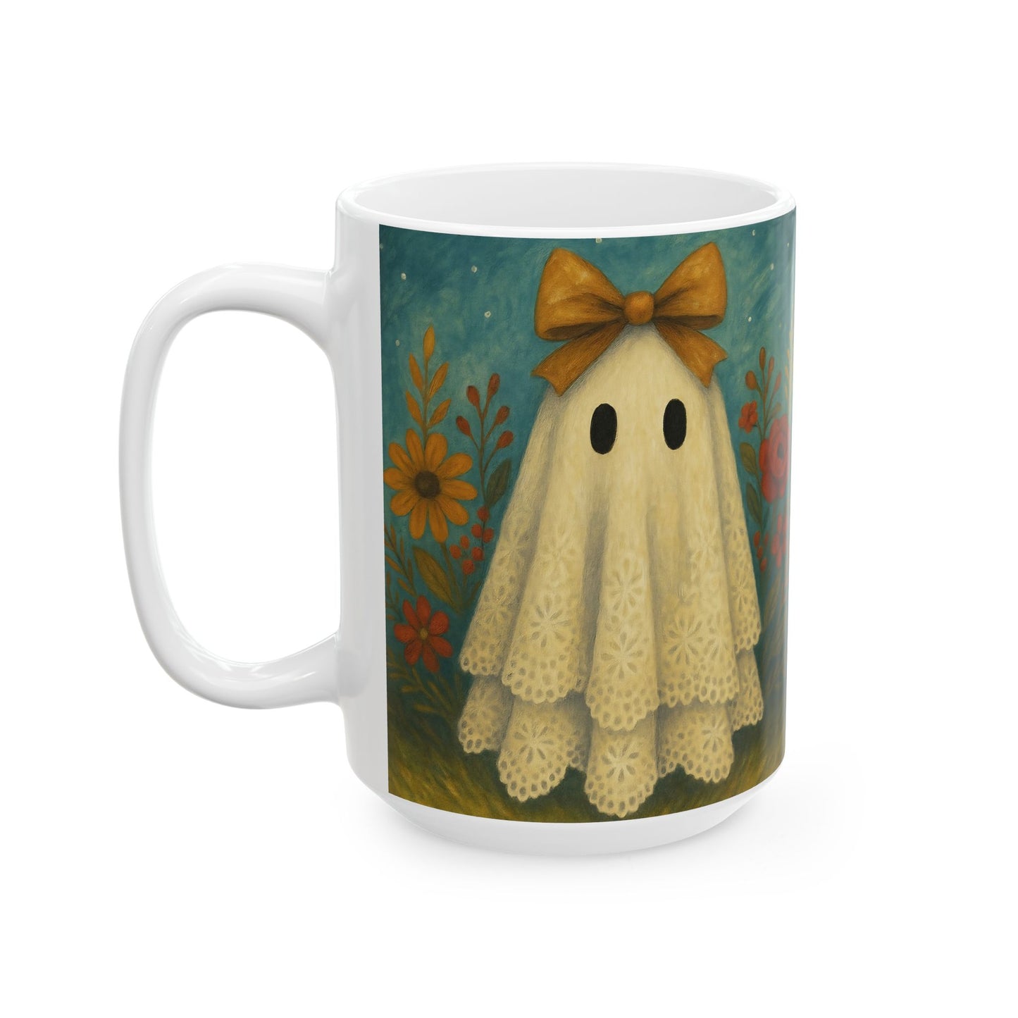 Whimsical Fall Ghosts Ceramic Coffee Mug, Cozy Fall Decor, Halloween Gift, Floral Ghost Design, 15oz