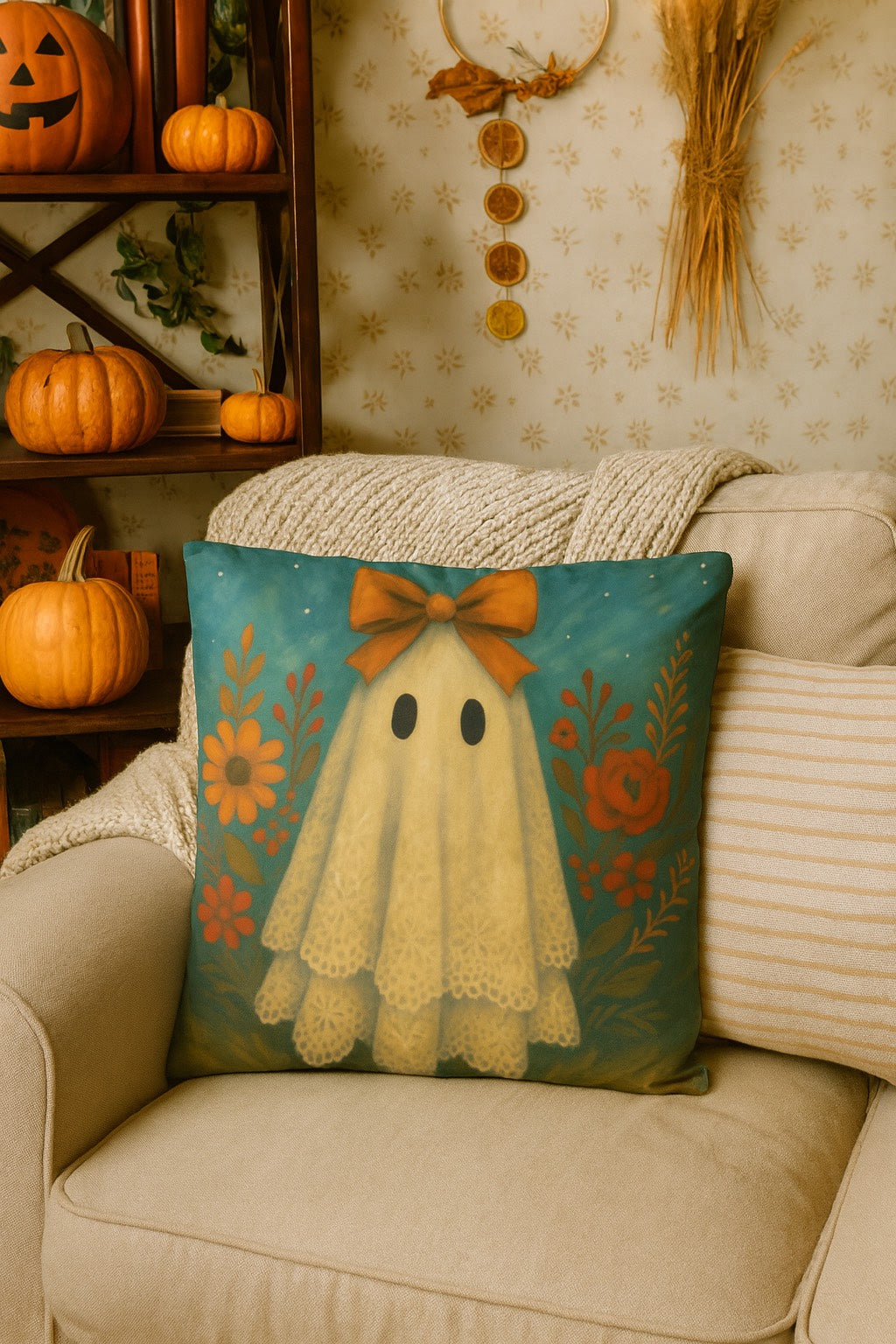 Whimsical fall ghost pillow