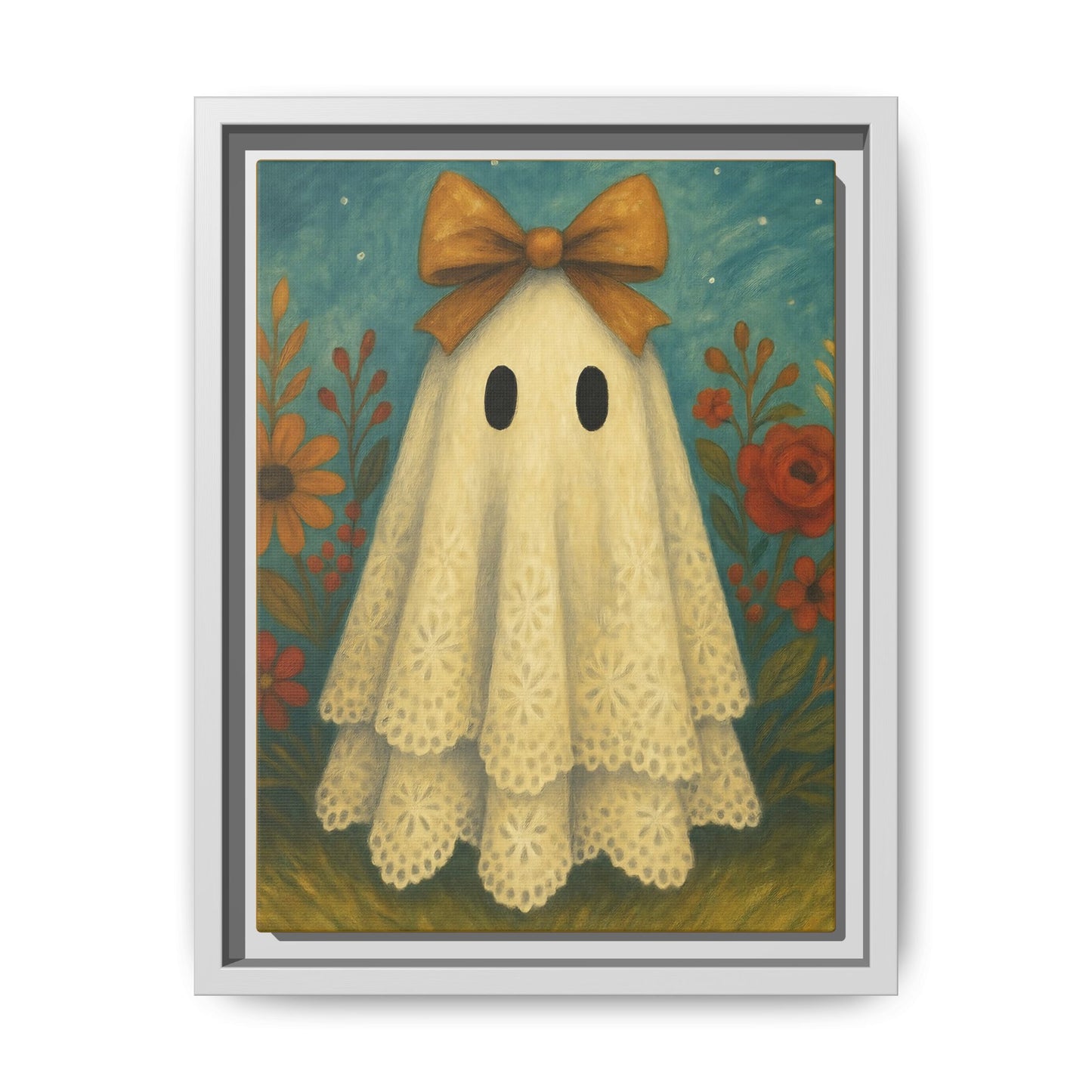 Whimsical Fall Ghost Canvas Art Print, Framed, Home Decor, Halloween Wall Art, Ghost Decor, Unique Gift for Fall, Spooky Fun