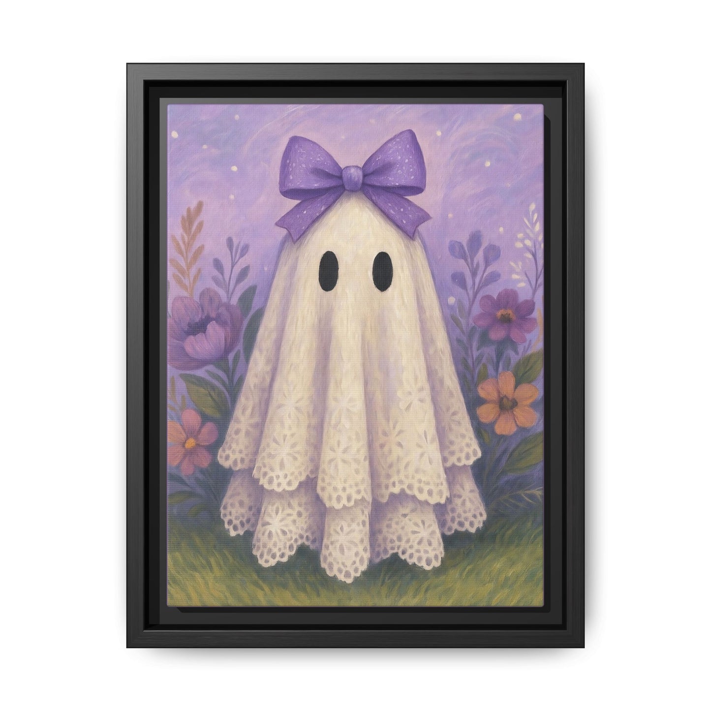 Whimsical Purple Ghost Canvas Art Print, Framed Wall Decor, Cute Halloween Decor, Playroom Art, Gift for Kids, Home Decoration