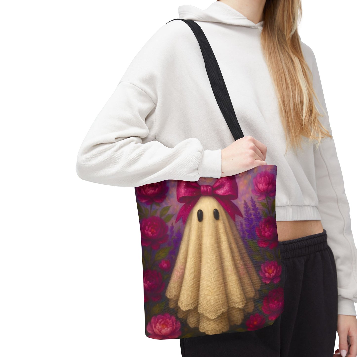 Whimsical Ghost Tote Bag, Floral Tote, Cute Grocery Bag, Gift for Halloween, Boho Style Handbag