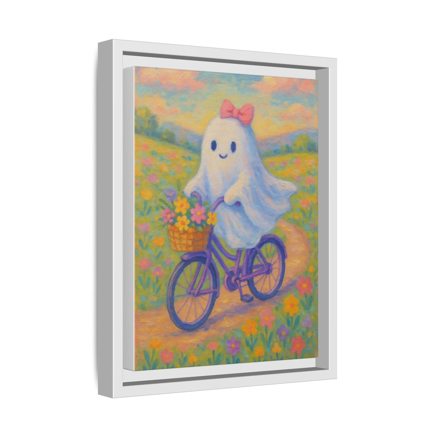 Cute Bicycle Ghost Canvas Art, Whimsical Home Decor, Framed Wall Art for Kids Room, Gift for Halloween, Nursery, Birthday