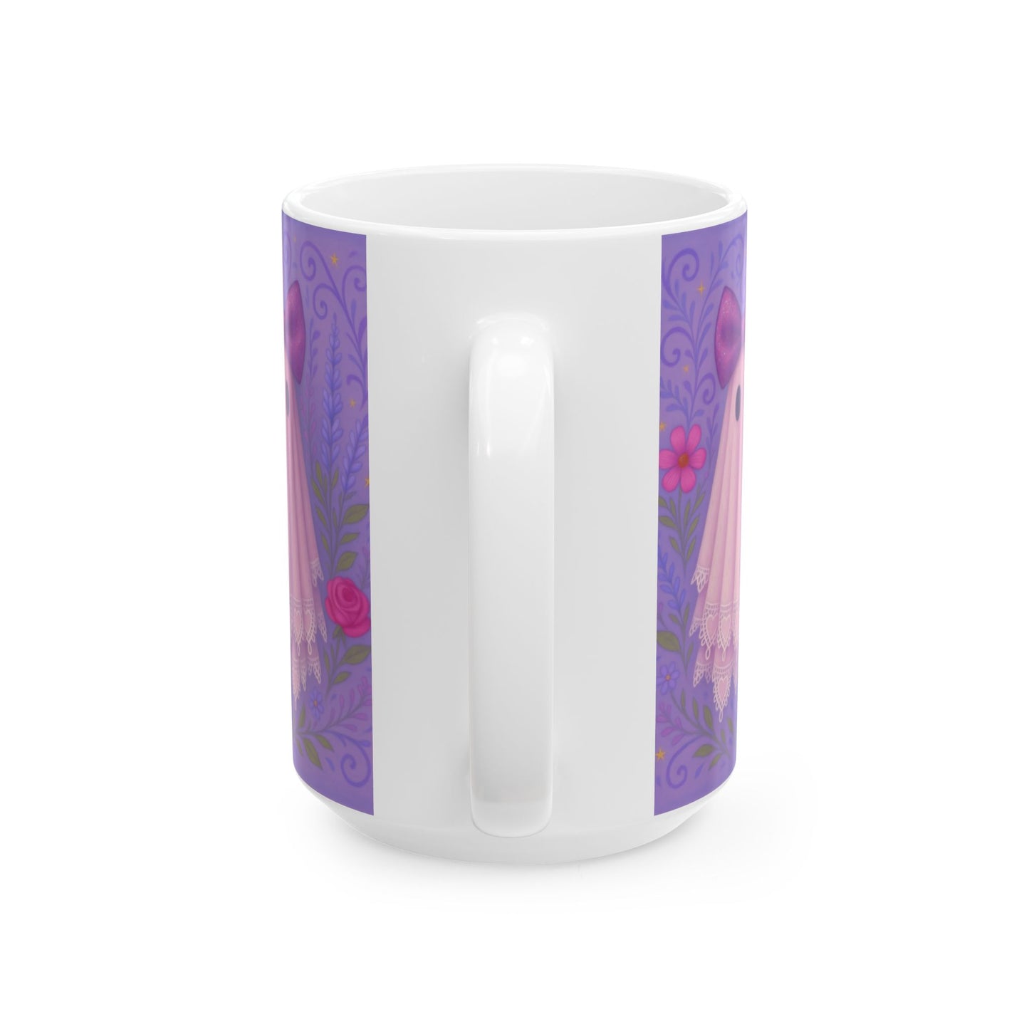Cute Ghost Mug with Floral Bow || Cute Halloween Drinkware, Ghost Lover Gift, Ceramic Coffee Cup, Fun Kitchen Decor