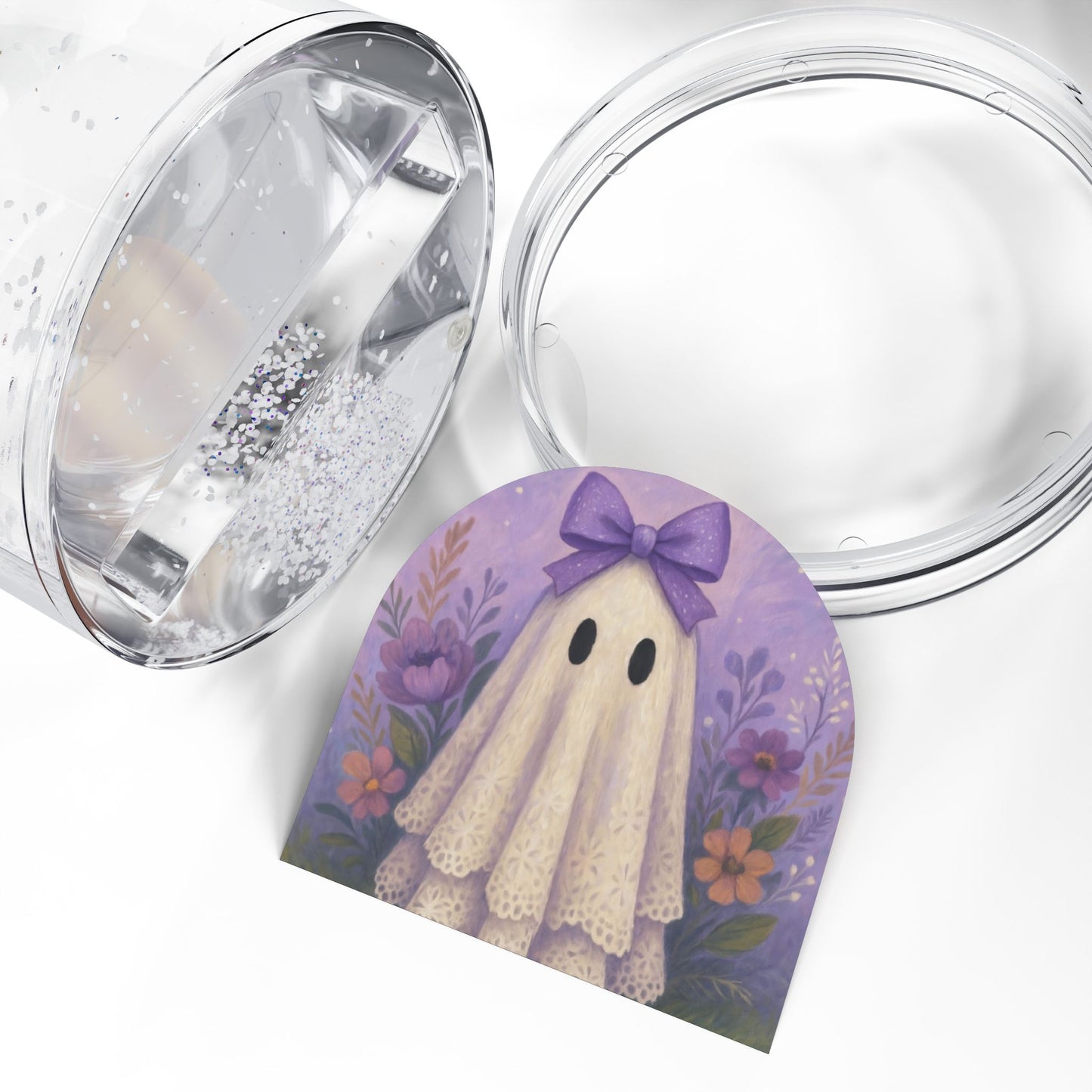 Whimsical purple Ghost Snow Globe, Halloween Decoration, Cute Home Accent, Collectible Figurine, Seasonal Gift, Fall Decor