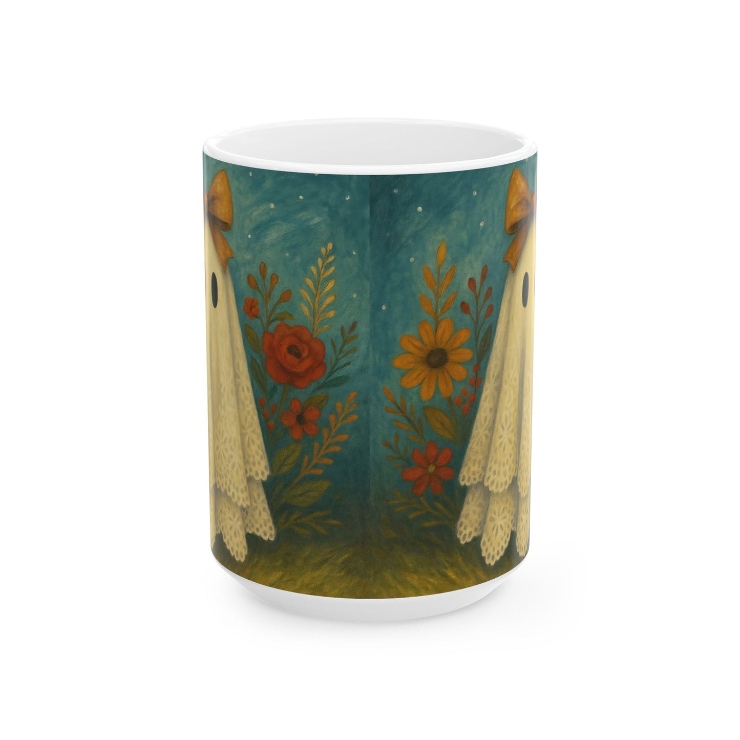 Whimsical Fall Ghosts Ceramic Coffee Mug, Cozy Fall Decor, Halloween Gift, Floral Ghost Design, 15oz