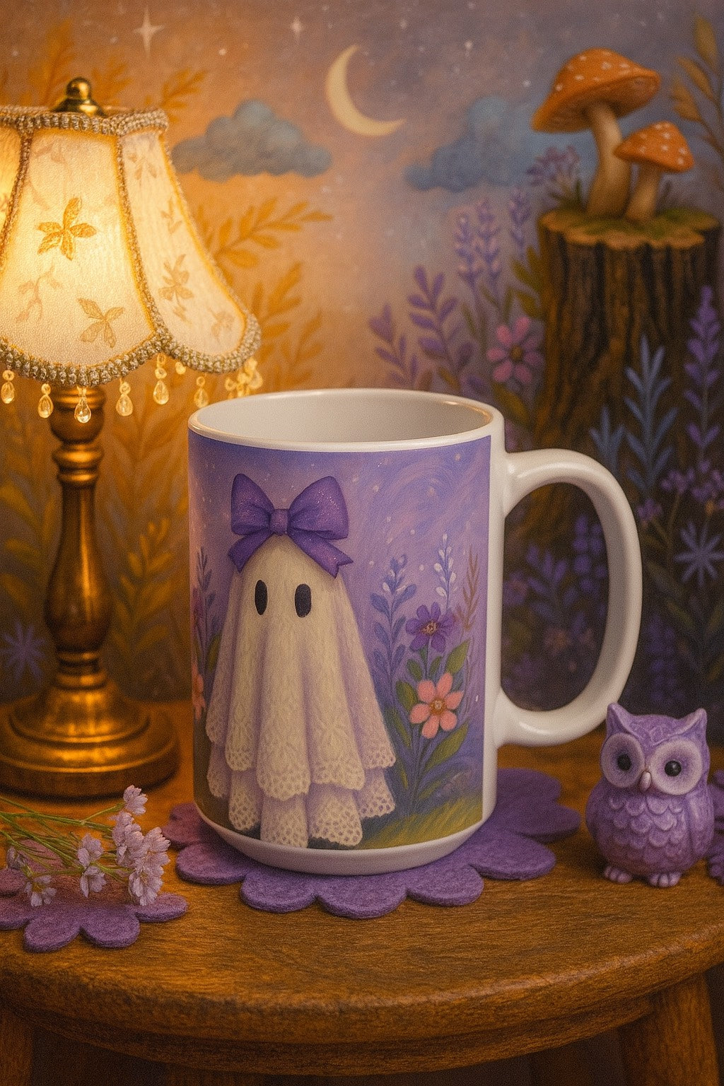 Whimsical Purple Ghost Ceramic Mug - Perfect for Halloween, Cozy Mornings, Gifts for Friends, Home Decor, Tea or Coffee Lovers