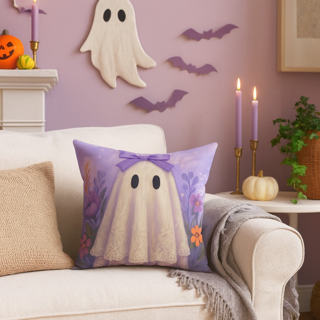Whimsical Purple Ghost Pillow, Cozy Home Decor, Halloween Accent, Cute Gift for Kids, Soft Square Cushion, Fall Decoration