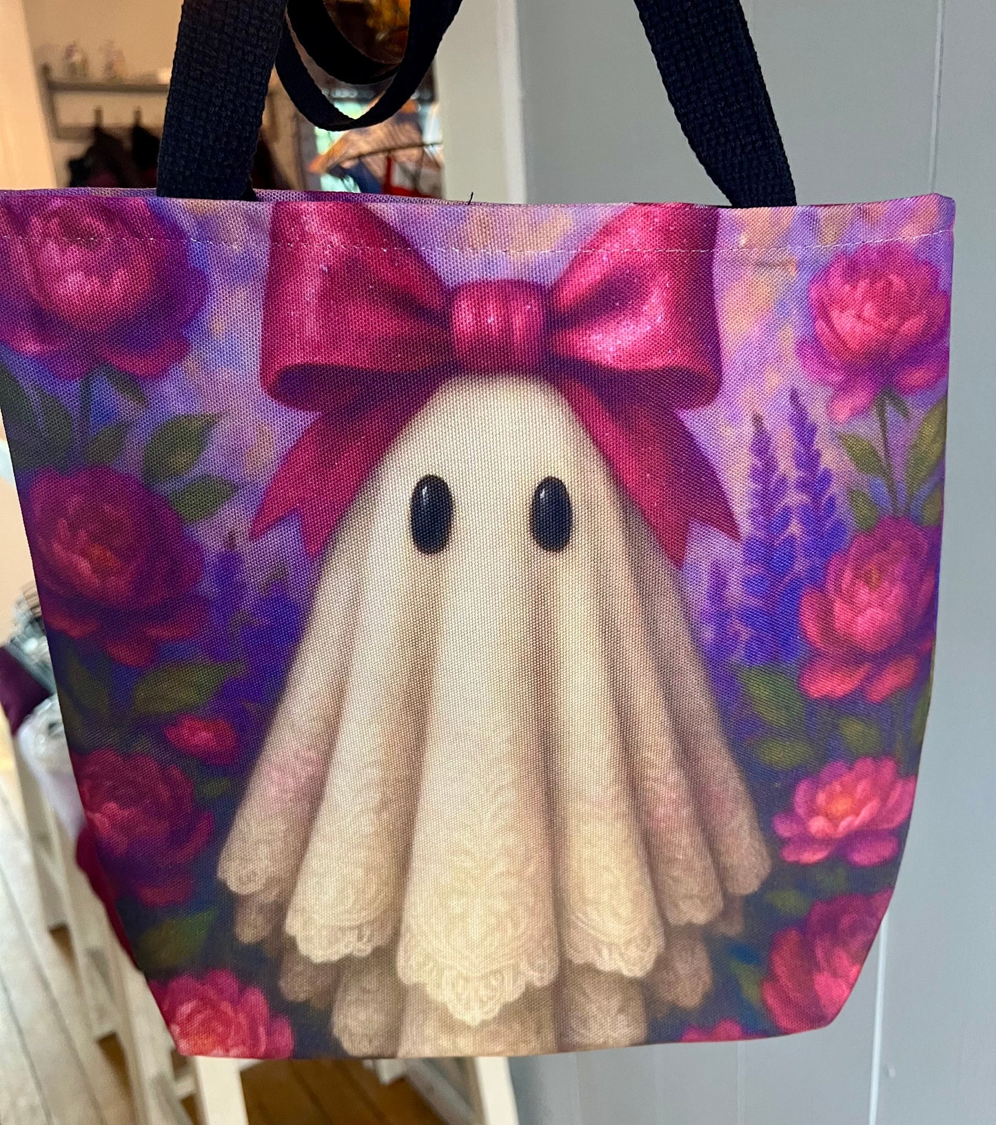 Whimsical Ghost Tote Bag, Floral Tote, Cute Grocery Bag, Gift for Halloween, Boho Style Handbag