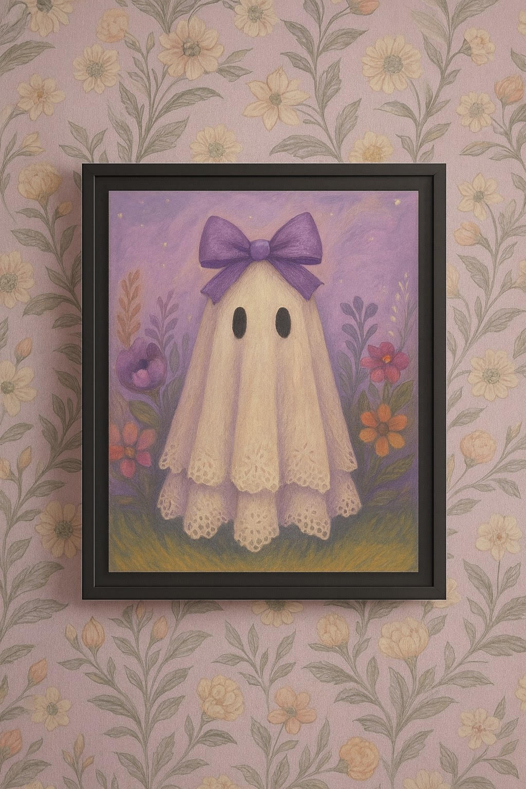 Whimsical Purple Ghost Canvas Art Print, Framed Wall Decor, Cute Halloween Decor, Playroom Art, Gift for Kids, Home Decoration