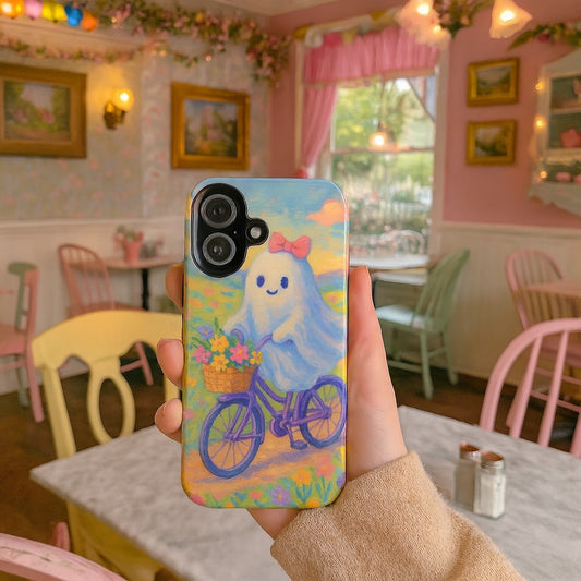Cute Bicycle Ghost Phone Case, Whimsical Ghost Design, Pastel Aesthetic, Unique Gift, Halloween Decor, Cozy Vibes
