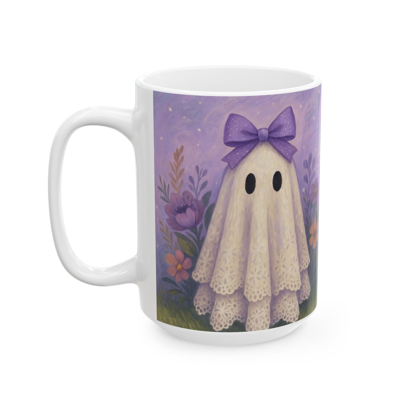 Whimsical Purple Ghost Ceramic Mug - Perfect for Halloween, Cozy Mornings, Gifts for Friends, Home Decor, Tea or Coffee Lovers