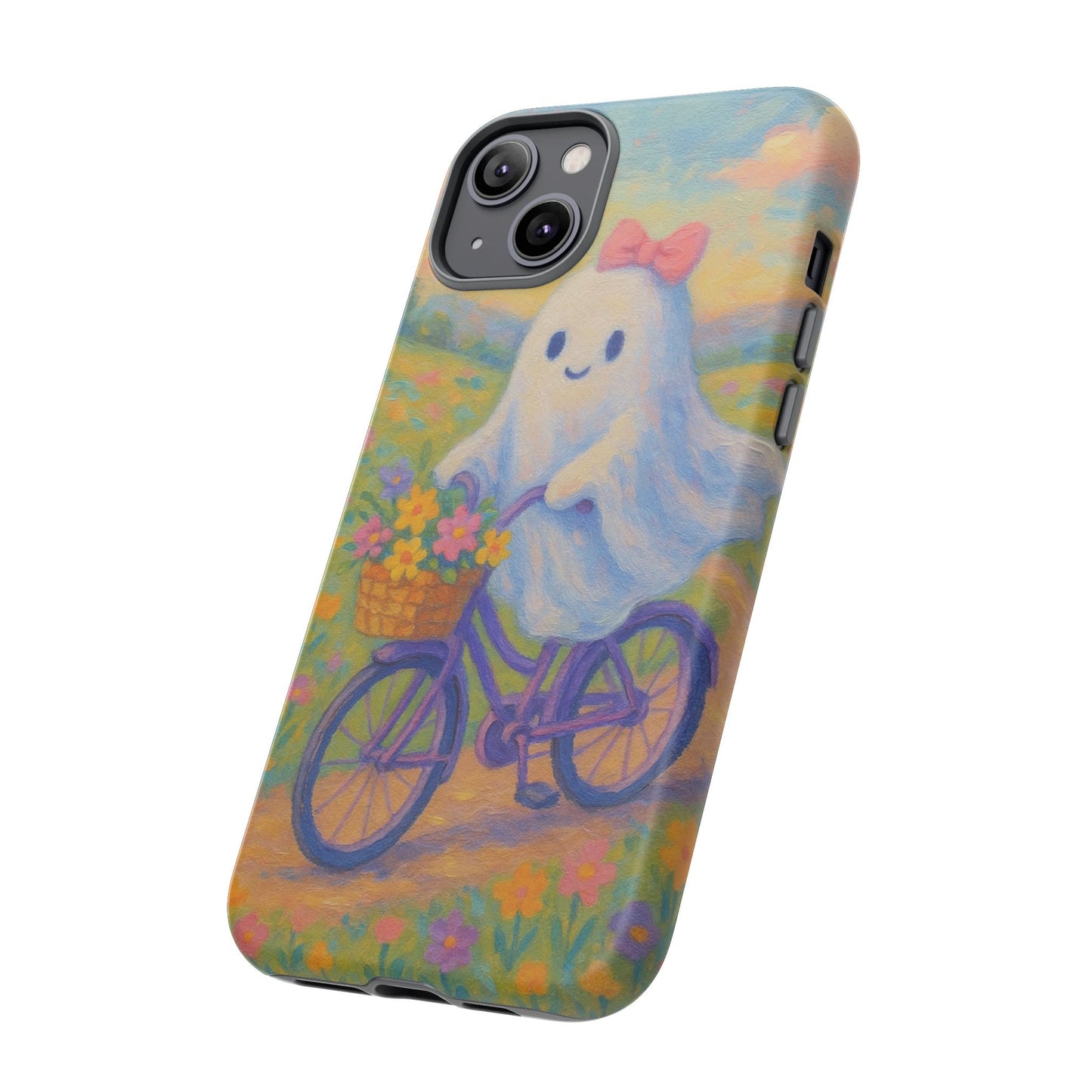 Cute Bicycle Ghost Phone Case, Whimsical Ghost Design, Pastel Aesthetic, Unique Gift, Halloween Decor, Cozy Vibes