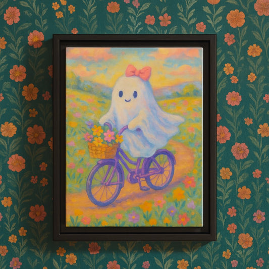 Cute Bicycle Ghost Canvas Art, Whimsical Home Decor, Framed Wall Art for Kids Room, Gift for Halloween, Nursery, Birthday
