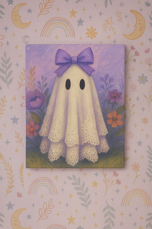 Whimsical Purple Ghost Canvas Art, Cute Ghost Decor for Halloween, Kids Room Wall Art, Purple Bow Wall Hanging, Spooky Home Decor