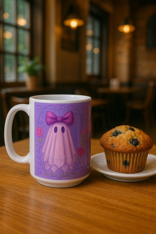 Cute Ghost Mug with Floral Bow || Cute Halloween Drinkware, Ghost Lover Gift, Ceramic Coffee Cup, Fun Kitchen Decor