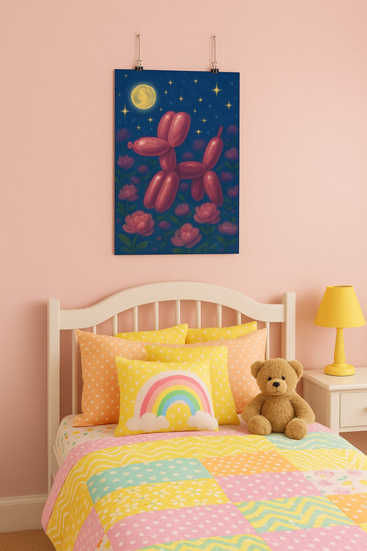Whimsical Balloon Dog Art Print, Whimsical Wall Decor, Nursery Artwork, Cute Home Decor, Gift for Dog Lovers, Children's Room Art