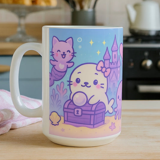 Adorable Sea Creatures Ceramic Mug, Cute Ocean Themed Mug, Gift for Sea Lovers, Childrens Drinkware, Beach Vibes Mug, Summer Birthday Gift