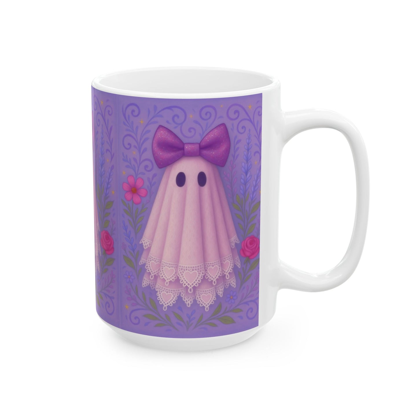 Cute Ghost Mug with Floral Bow || Cute Halloween Drinkware, Ghost Lover Gift, Ceramic Coffee Cup, Fun Kitchen Decor