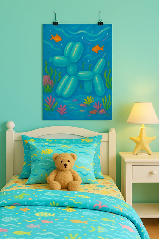 Underwater Balloon Dog Poster, Colorful Art Print, Dog Lover Wall Decor, Kids Room Decoration, Fun Gift Idea
