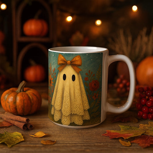 Whimsical Fall Ghosts Ceramic Coffee Mug, Cozy Fall Decor, Halloween Gift, Floral Ghost Design, 15oz