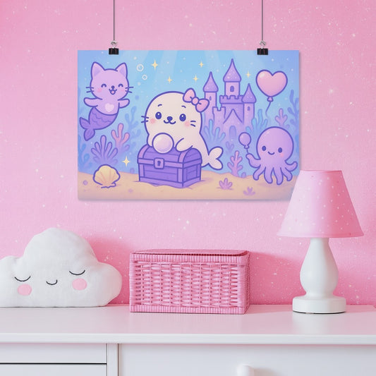 Kawaii Underwater Adventure Poster, Cute Sea Animal Wall Art for Kids, Ocean Themed Nursery Decor, Gift for Sea Lovers, Playroom Decoration