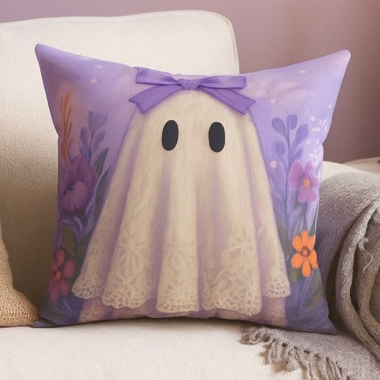 Whimsical Purple Ghost Pillow, Cozy Home Decor, Halloween Accent, Cute Gift for Kids, Soft Square Cushion, Fall Decoration
