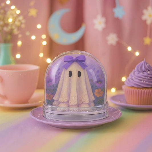 Whimsical purple Ghost Snow Globe, Halloween Decoration, Cute Home Accent, Collectible Figurine, Seasonal Gift, Fall Decor