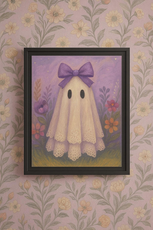 Whimsical Purple Ghost Canvas Art Print, Framed Wall Decor, Cute Halloween Decor, Playroom Art, Gift for Kids, Home Decoration